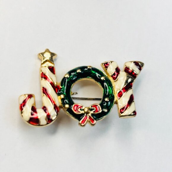 Christmas Joy Brooch Pin Candy Cane & Wreath Design With Box - Picture 2 of 4